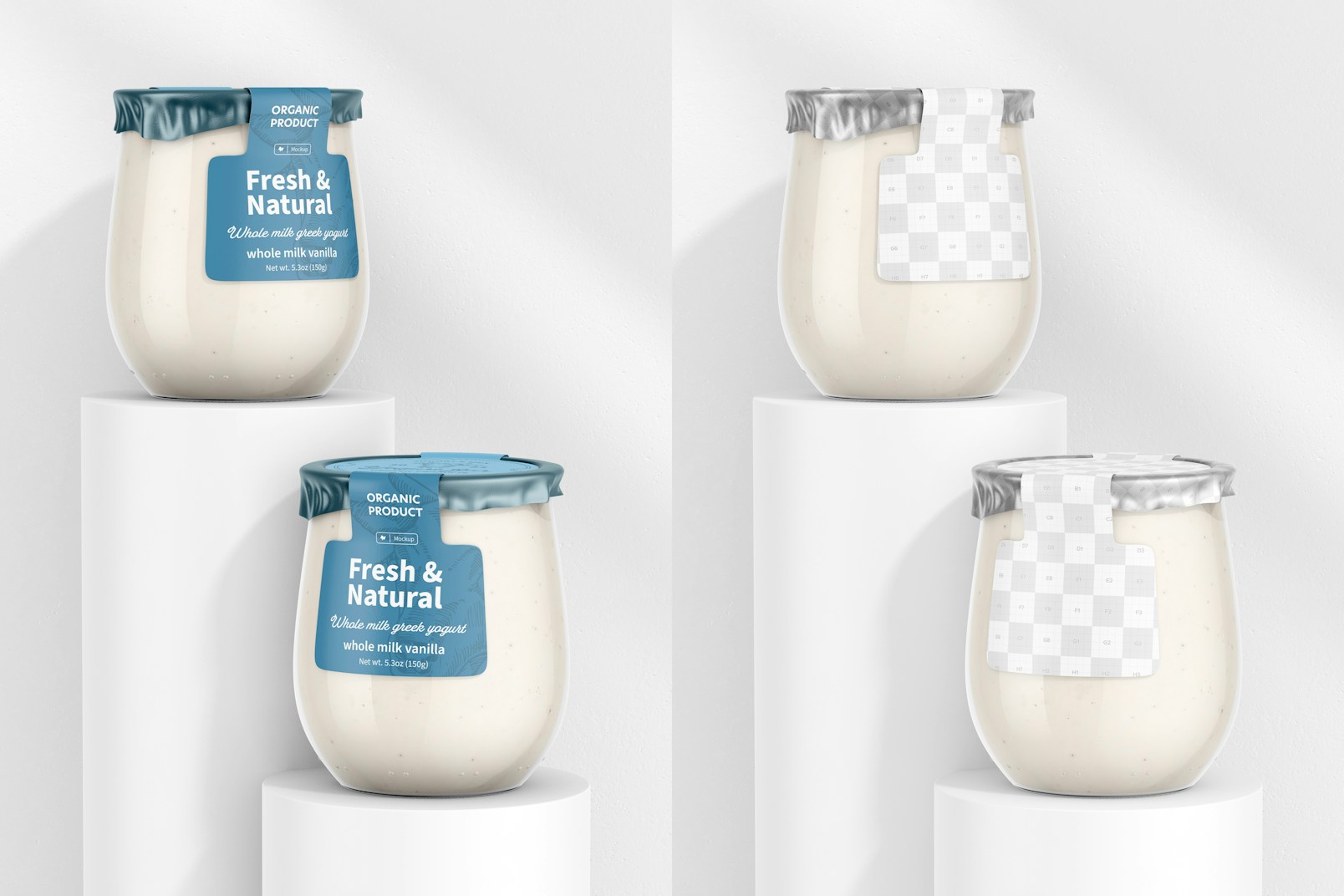 Yogurt Jars Mockup, on Podiums