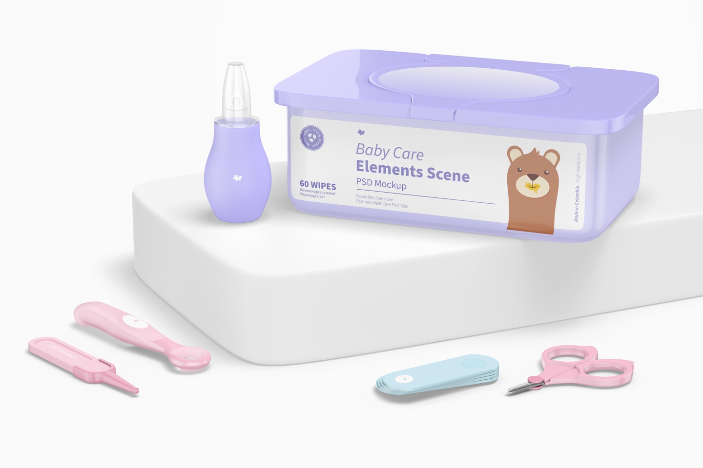 Baby Care Elements Scene Mockup, Perspective