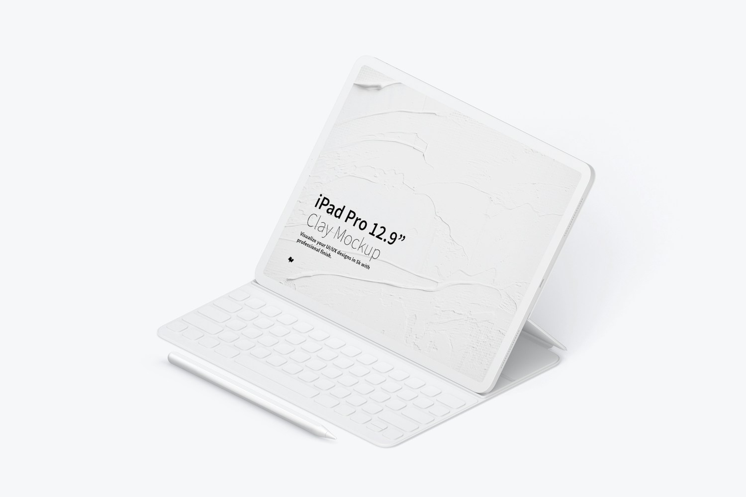 Clay iPad Pro 12.9” Mockup, Isometric Right View With Keyboard