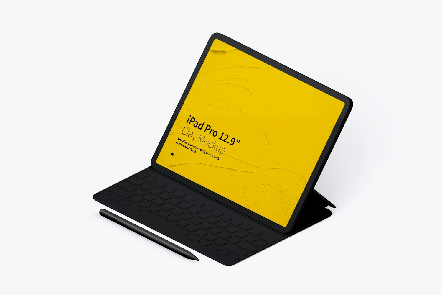 Clay iPad Pro 12.9” Mockup, Isometric Right View With Keyboard