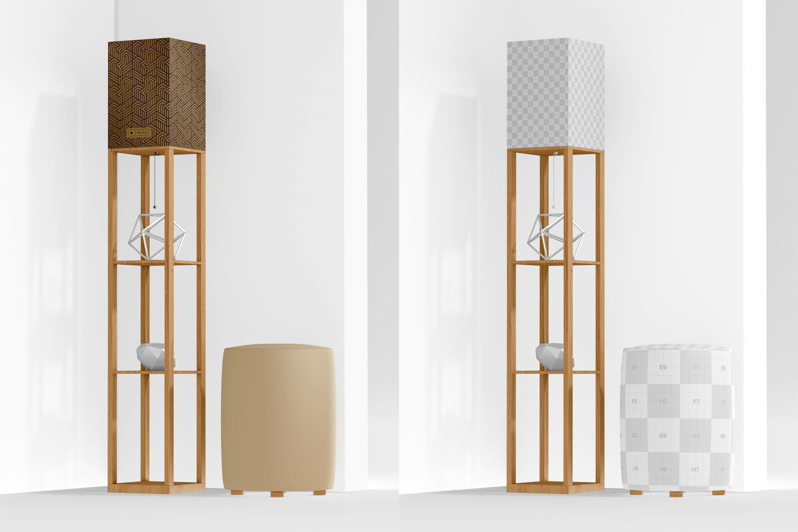 Floor Lamp with Wooden Shelves with Pouf Mockup