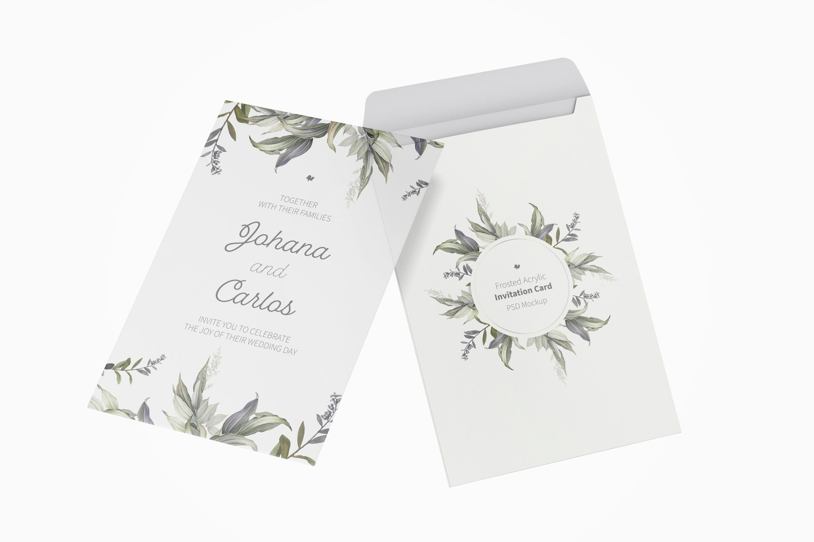 Frosted Acrylic Invitation Card with Envelope Mockup, Floating