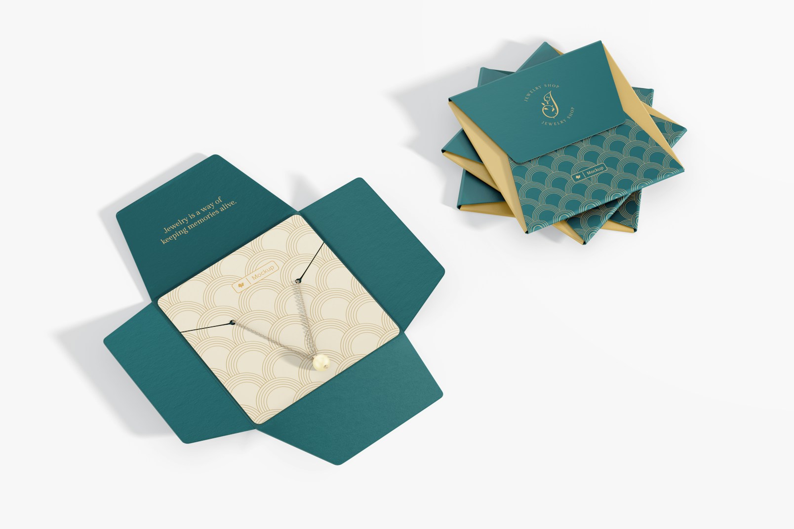 Square Necklace Envelopes Mockup, Opened and Closed