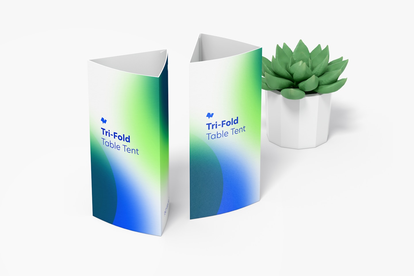 Tri-Fold Table Tents with Pot Plant Mockup