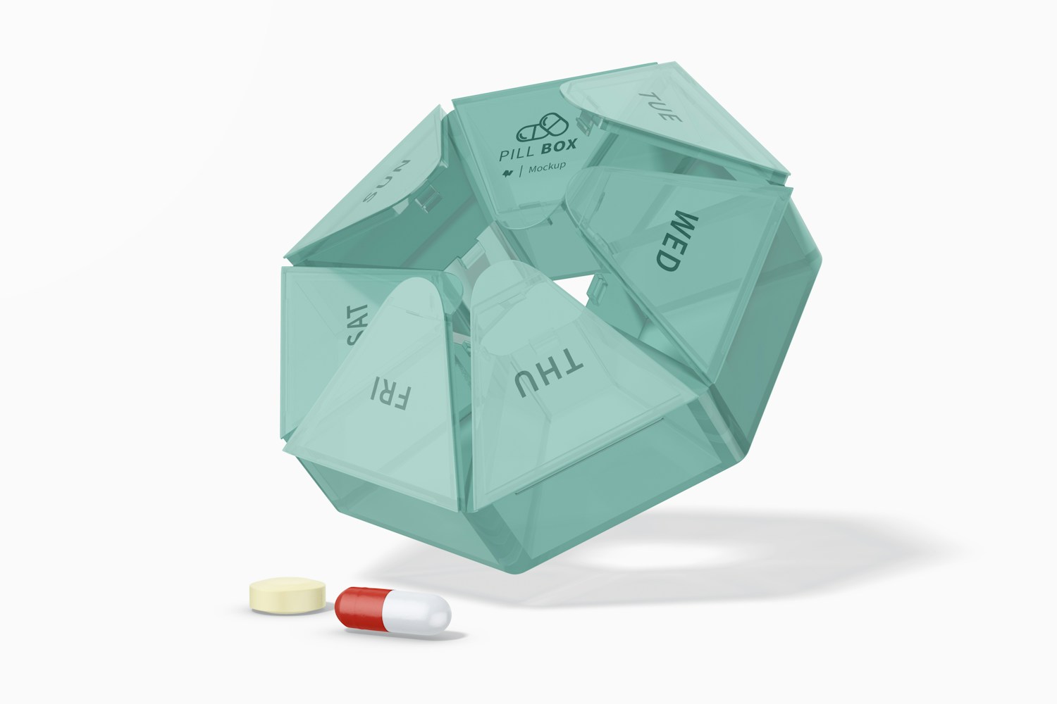 Heptagonal Pill Box Mockup, Falling Heptagonal Pill Box Mockup, Falling